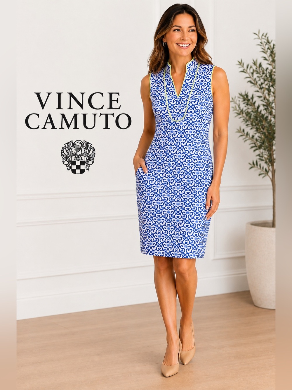 Vince Camuto Blue & White Geometric Sleeveless Knee Length Dress Size M
